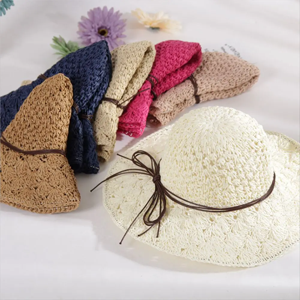

2022 Summer New Foldable Women's Lace Up Casual Sun Hat Wide Eaves Summer Outdoor Beach Hat Lovely Bowknot Travel Straw Cap