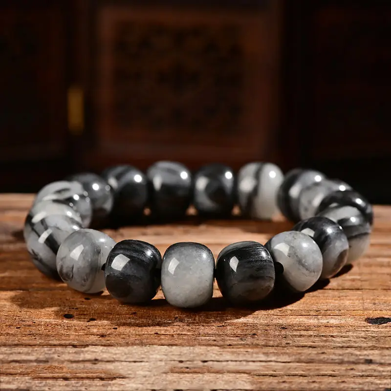 Natural real hetian jade black white dot ink carved beads bracelets for couples woman men beads bracelet with jade bracelet