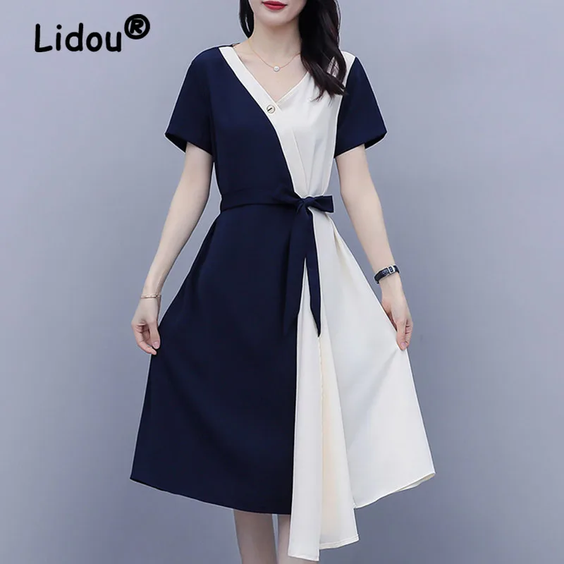 

Summer Patchwork Chiffon Women Oversize V Neck Dresses Vintage Office Lady Temperament Commute Work Elegant Party Dress Vestidos