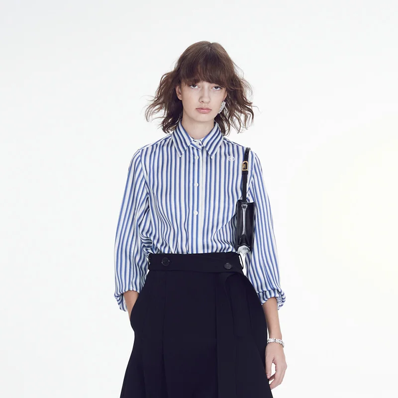 Blue and White Striped Shirt 2022 Spring and Summer Fashion Simple Slim Commuter Loose Straight Top Women