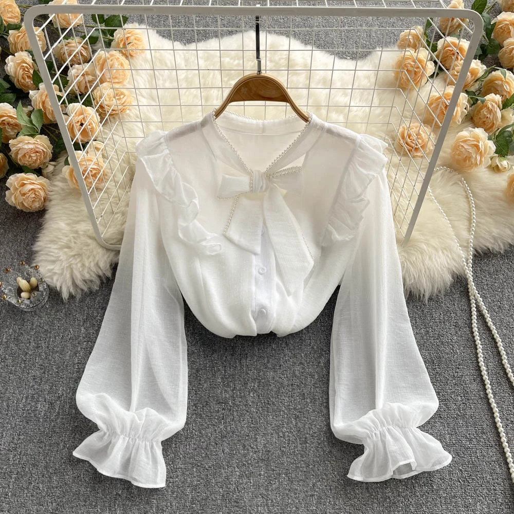 

Весенне-осенняя Новинка, французский галстук-бабочка с рукавами-пузырьками, рубашка с галстуком-бабочкой, красивый и шикарный топ с длинными рукавами, женская одежда