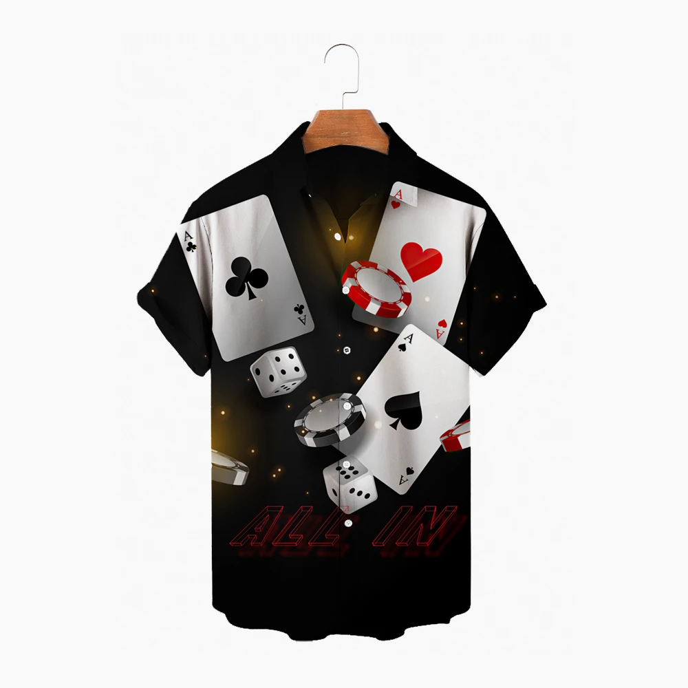 2022 New Summer Men's Short Sleeved Shirt, 3D Playing Card Printed Shirt, Men's Hawaiian Shirt, Lapel, Single Button, BeachTop