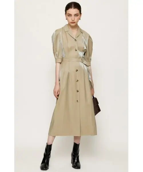 

SuperAen 2022 New Spring Autumn Single Breasted Notched Solid Puff Sleeve Straight Casual Mid-Calf Dress for Women