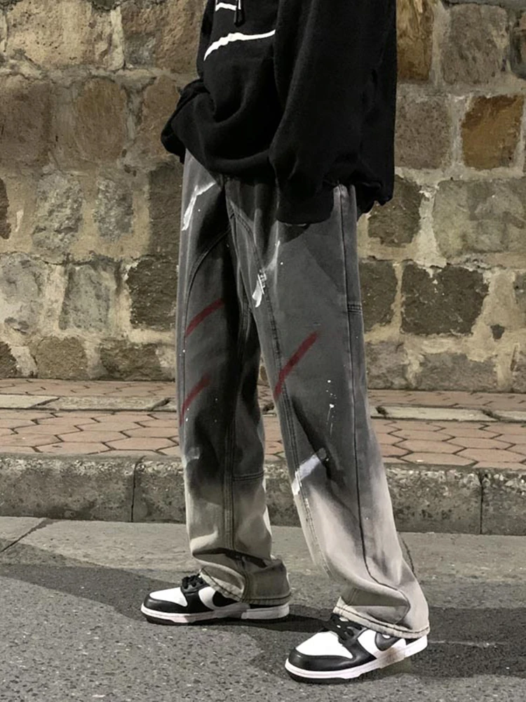 Four Seasons Men Jeans High Street Graffiti Embroidery Gradient Loose Versatile Straight Casual Pants Fashion Hip Hop Streetwear