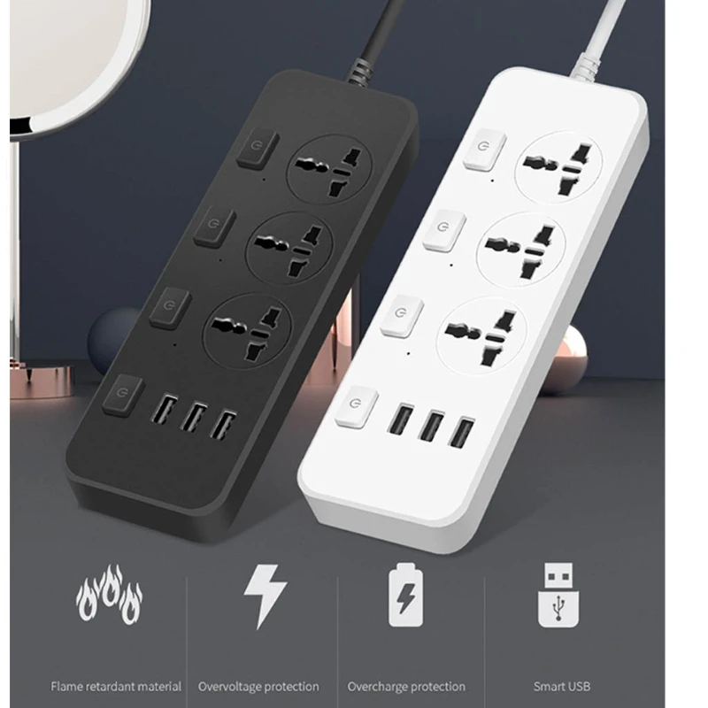 

5V2.1A 3 Outlets & 3 USB Ports Power Strip US/UK/EU Plug Surge Protector for Computer Desktop, Laptop & Phone Charging M4YD