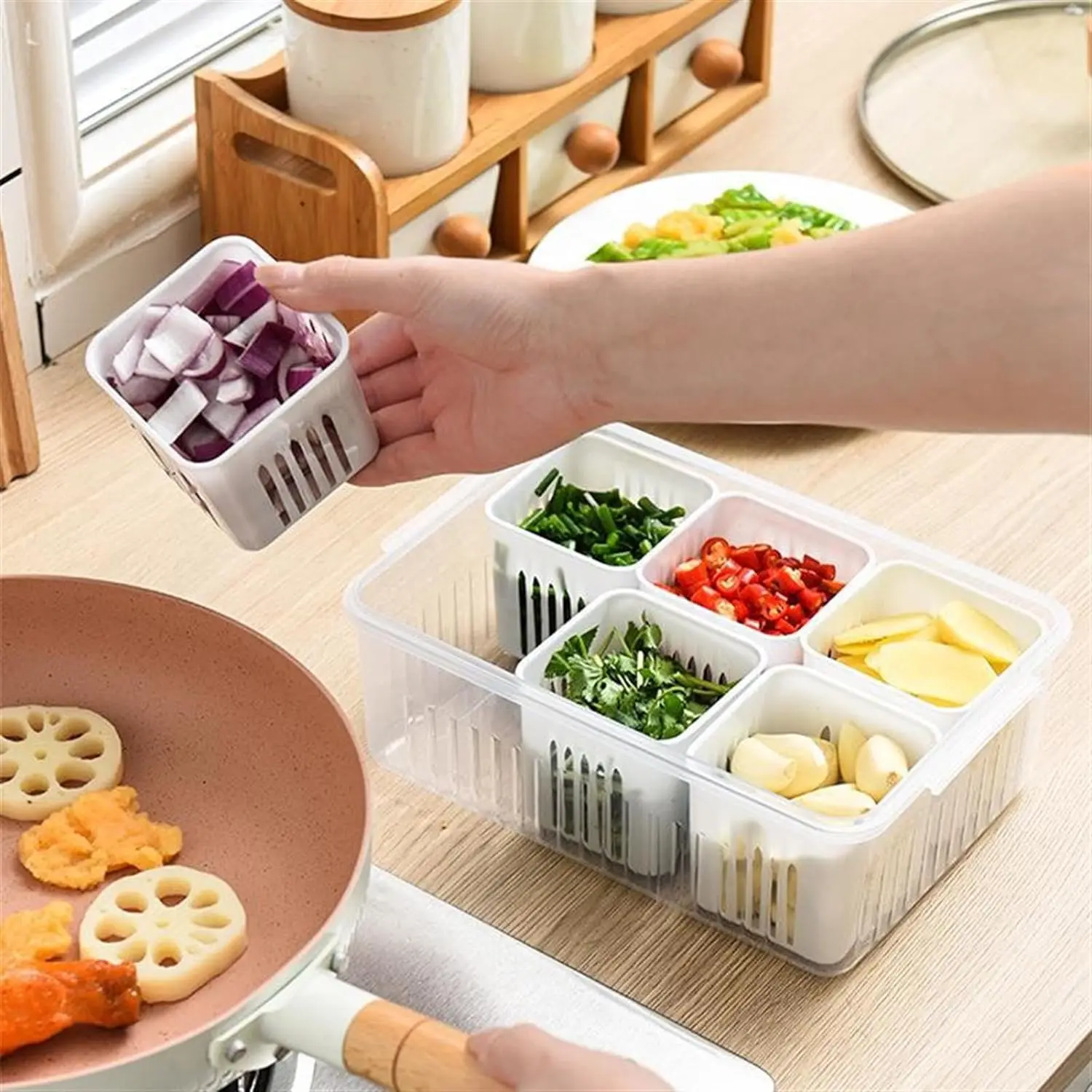 

Refrigerator Storage Box 6 Grid Food Vegetable Fruit Storage Box Fridge Organizer Drain Basket Meat Onion Ginger Clear Crisper