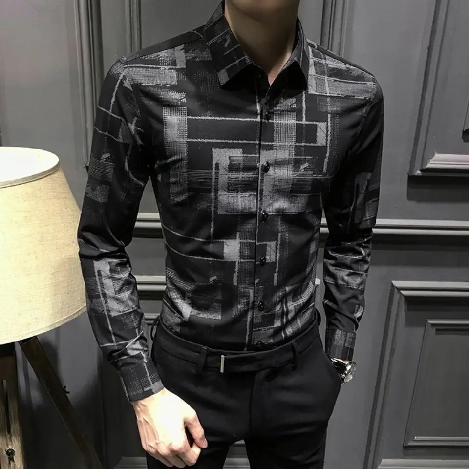 New personality flower shirt men's Korean fashion autumn long sleeve plaid shirt casual handsome slim jacket