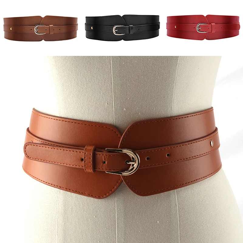 

Ladies Wide Elastic Belt Vintage All-match Pin Buckle PU Leather Belts For Women Stylish Pure Color Coat Dress Waistband