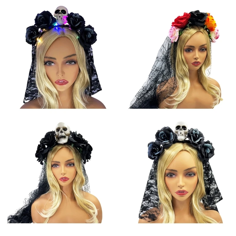 

Scary LED Light Up Flower&Skull Shape Hair Hoop Halloween Headband Stage Wedding Party Women Headband with Black Veil H9ED