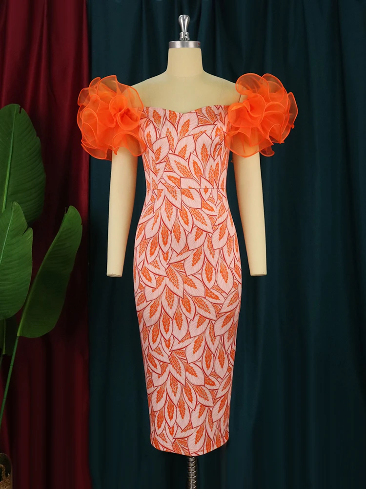2023 New in Women Summer Printed Midi Dresses Formal Bare Shoulder Puffy Flare Leaf Stretch Sexy Evening Party Pencil Dresses