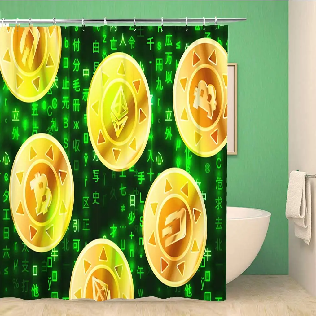 

Bathroom Shower Curtain Crypto Currency Golden Coin Black Lackered Bitcoin Symbol Polyester Waterproof Bath Curtains Set