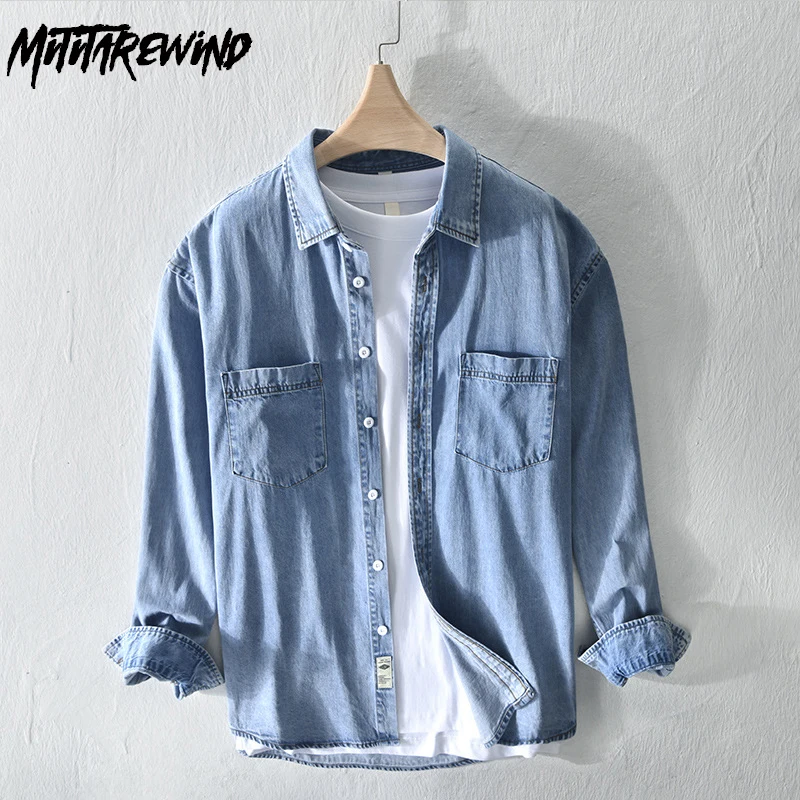 

Джинсовая рубашка для мужчин, рабочая одежда в японском стиле, свободная ковбойская рубашка с спущенными плечами, Модный повседневный топ с карманами