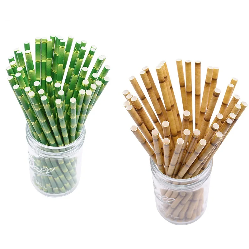 

25pcs Green Brown Bamboo Pattern Paper Straws Juice Cocktail Drinking Straw for Wedding Birthday Bar Pub Jungle Party Supplies
