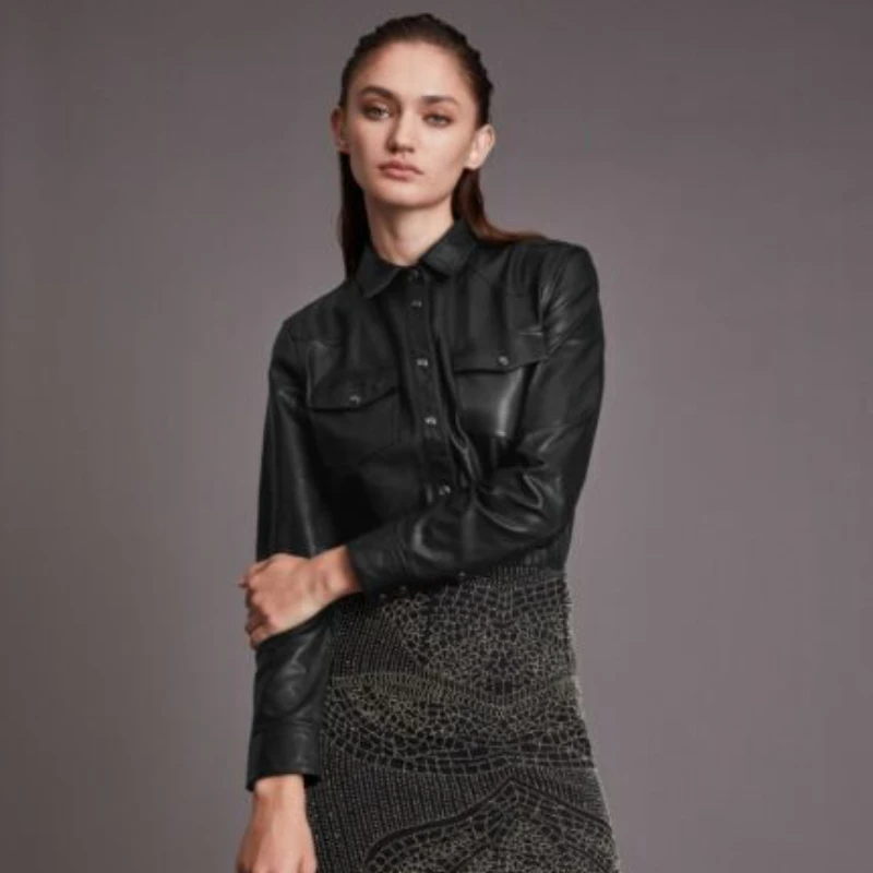 Women Slim fit Front Shirt Black Stylish Lambskin Leather Festive Wear Shirt