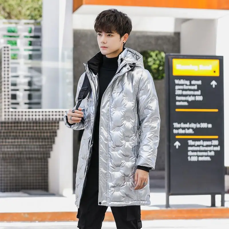 Winter authentic long down jacket bright face men's long winter white eiderdown down jacket Korean version, thickened warm hoode