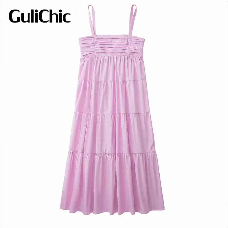 

3,29 GuliChic женское простое модное однотонное платье со складками на бретельках длиной до щиколотки