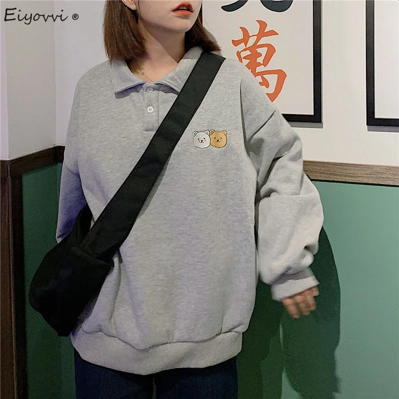 

Women's Sweatshirt Autumn Winter Plush Loose Student Embroidered Polo Neck Thickened Warm Pullover Korean Fashion Sweatshirts