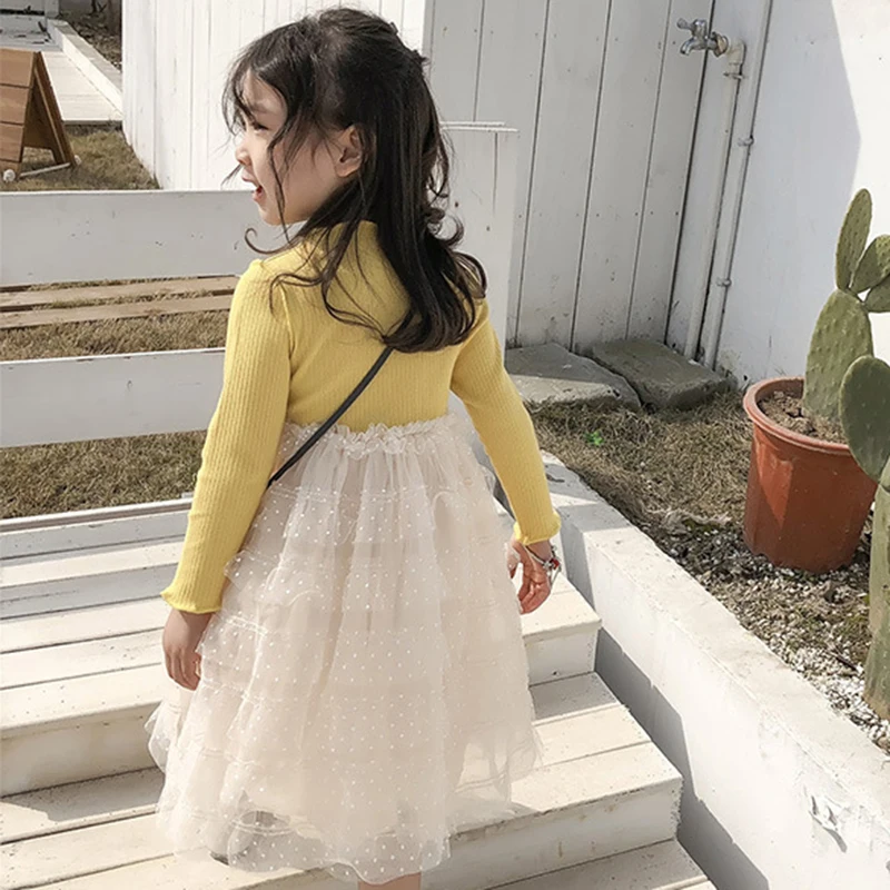 

Girls Patchwork Princess Dress Spring Yrllow Long Sleeve Lace Part Dresses Kids 3-8 Years Vestidos Children Birthday Clothing