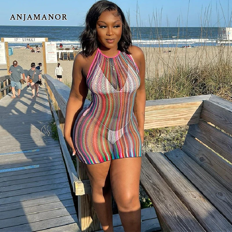 

ANJAMANOR Colorful Striped Mesh Beach Dresses for Women 2022 Summer Vacation Outfits Sexy See Through Halter Mini Dress D96-AH10