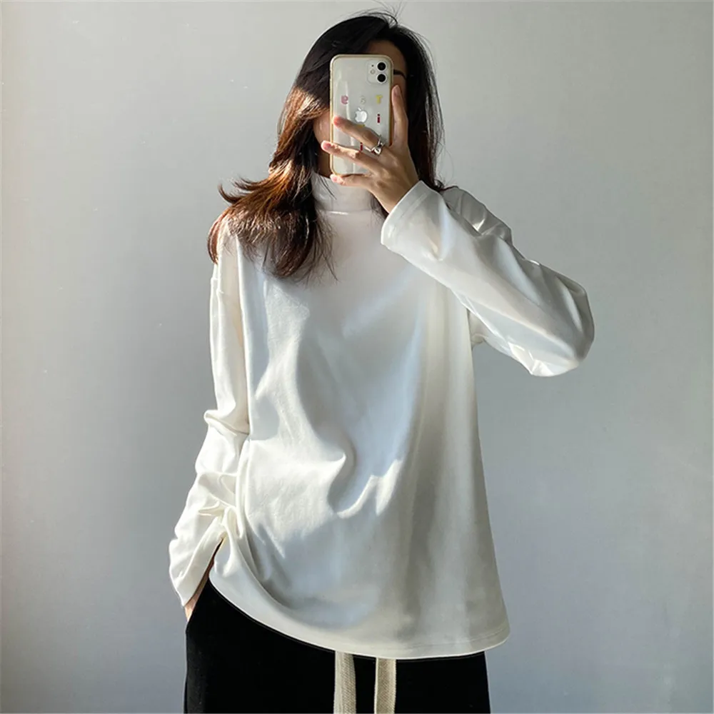 

Тонкая и универсальная Однотонная футболка с подкладкой, бархатная Удлиненная рубашка с длинным рукавом и высоким воротником, новая японск...