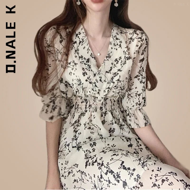 

D.Nale Elastic Waist A Line V Neck Long Dress Fashion Clothing Summer Slim Elegant Office Lady Floral Chic Chiffon Retro