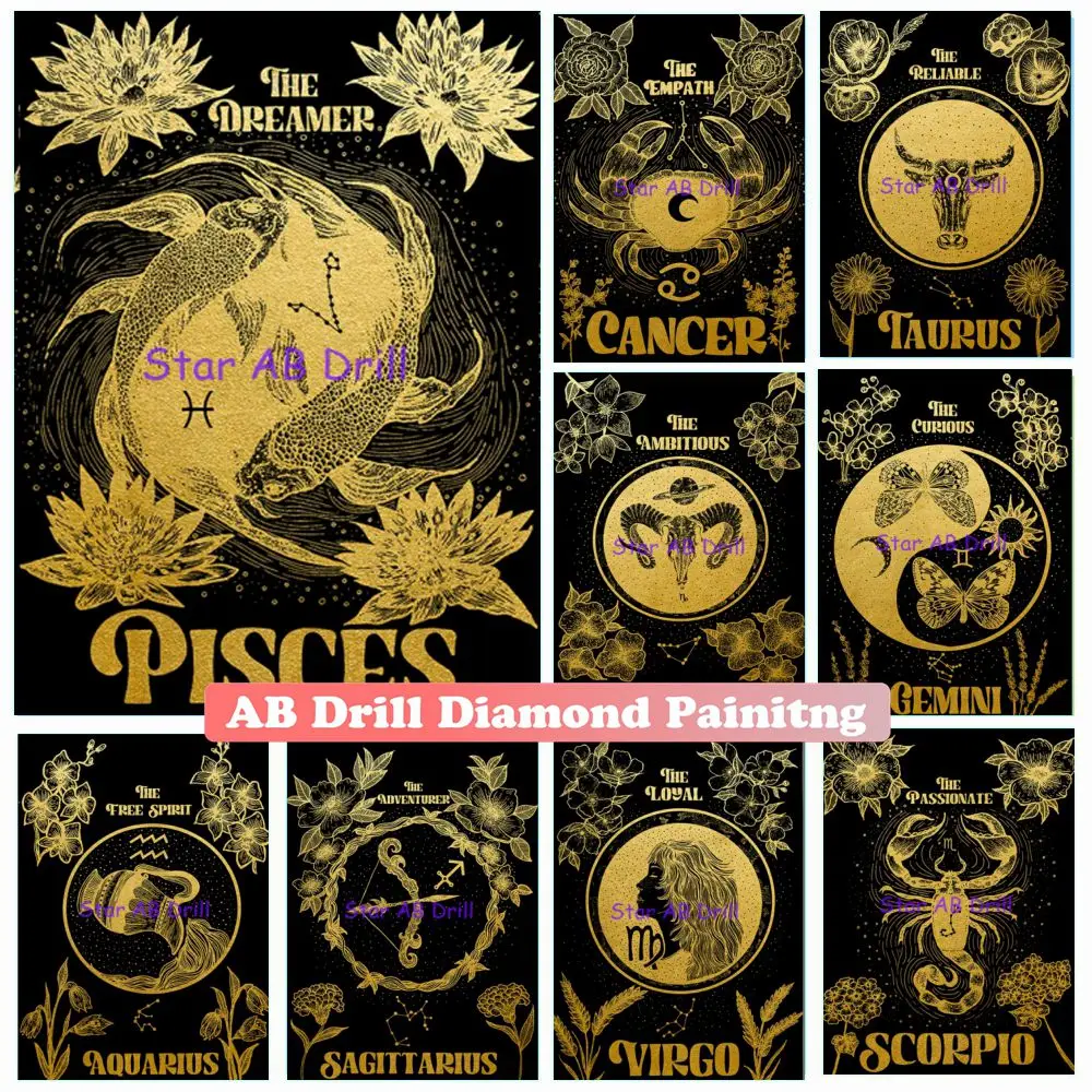 

Gold And Black Zodiac Star Sign 5d AB Drills Diamond Painting New Astrology Boho Cancer Libra Gemini Art Cross Stitch Home Decor