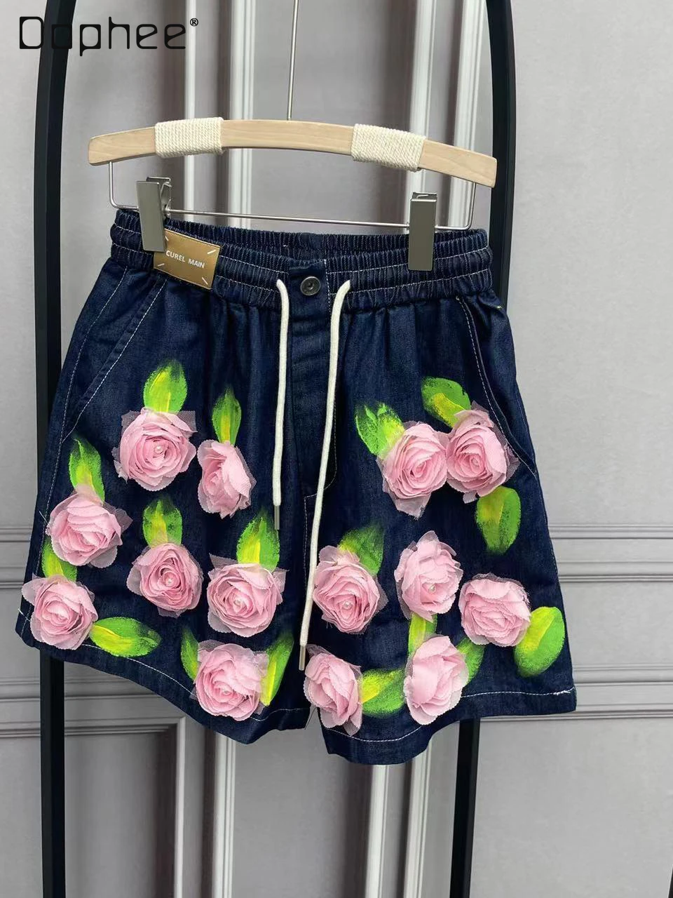 

Fashion Three-Dimensional Flower Jean Shorts Female 2023 Summer New Elastic Waist Loose Casual A- Line Wide Leg Womens Shorts