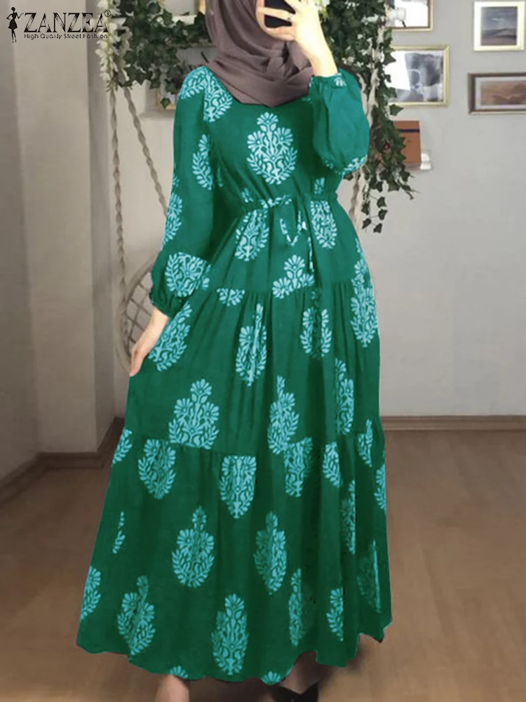 

ZANZEA Women Vintage Spring Long Sleeve Holiday Dress Abaya Kaftan Robe Femme Vintage Floral Printed Dubai Turkey Hijab Muslim D