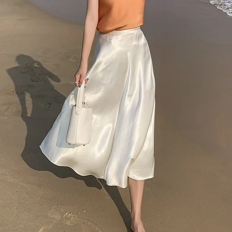 streamer acetate satin skirt women's summer mid-length skirt elegant high-waisted A-line skirt  women clothing  skirts  Casual