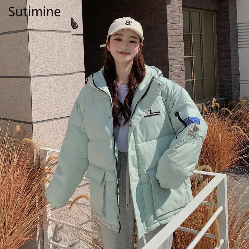 College Style Cotton Padded Jacket Women's Loose Hooded Office Lady Winter Coat for Women Black Zipper Coat Women Winter 2022