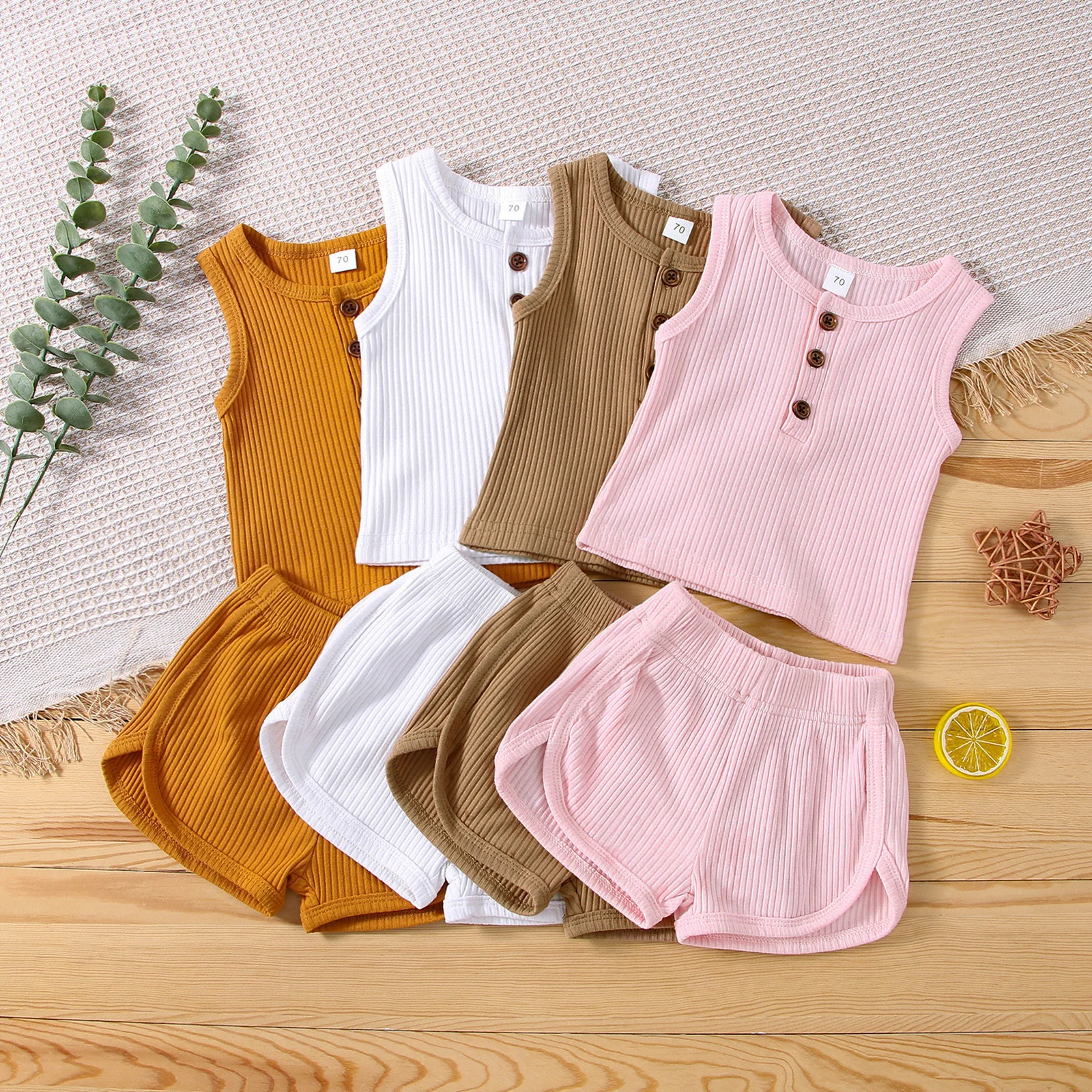 

Toddler Kids Baby Clothing Summer 2Pcs Cotton Casual Sets Sleeveless Round Neck Button Vest Solid Color Ribbed Shorts