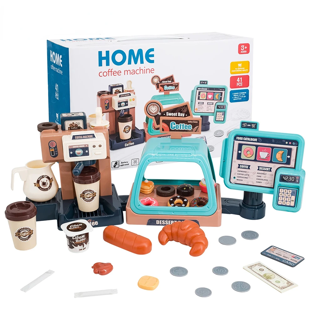

Kids Play Coffee Machine Toys Food Kitchen Set Coffee Maker Toy Pretend Play for Kids 3 In 1 Cash Register Bread Maker Kit Gifts