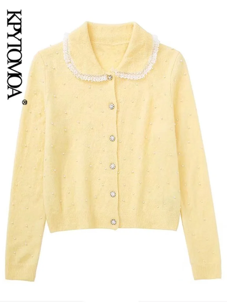 

KPYTOMOA Women Fashion With Faux Pearl Knit Cardigan Sweater Vintage Peter pan Collar Long Sleeve Female Outerwear Chic Tops