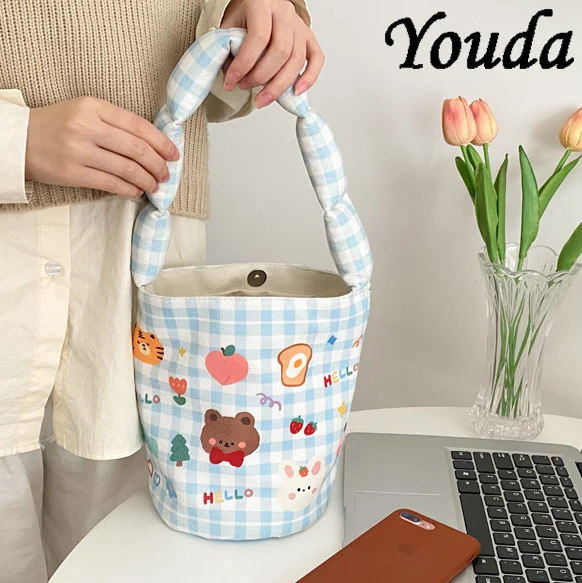 

Youda Cute Bucket Canvas Bag Female Hand Carrying Shoulder Bags Illustration Wild Bear Animal Pattern