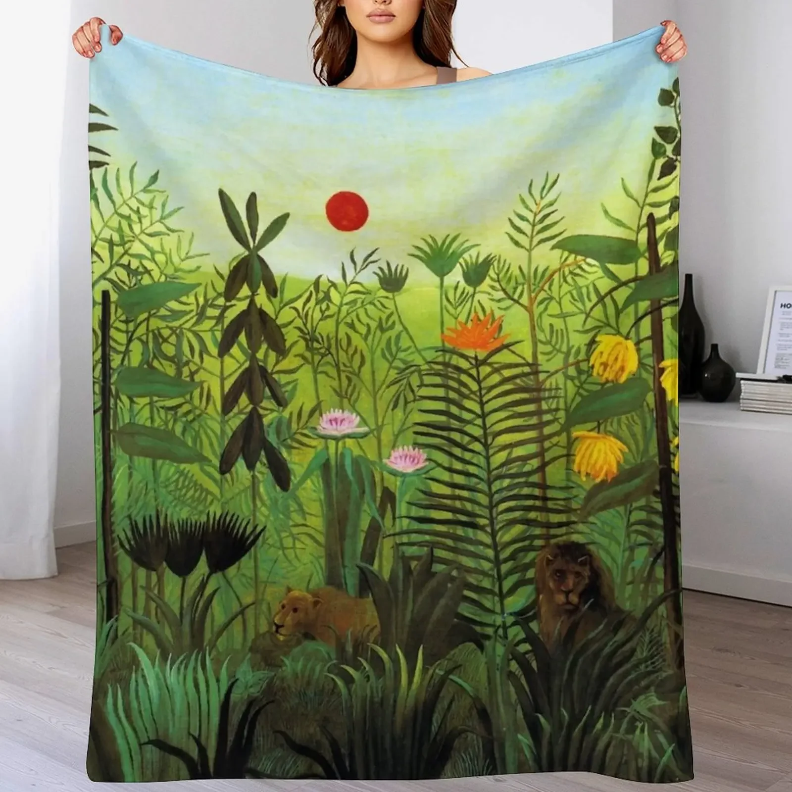 Экзотический пейзаж Henri Rousseau с львом и львицей в Африке 1903-1910 Пледы Многоцелевые