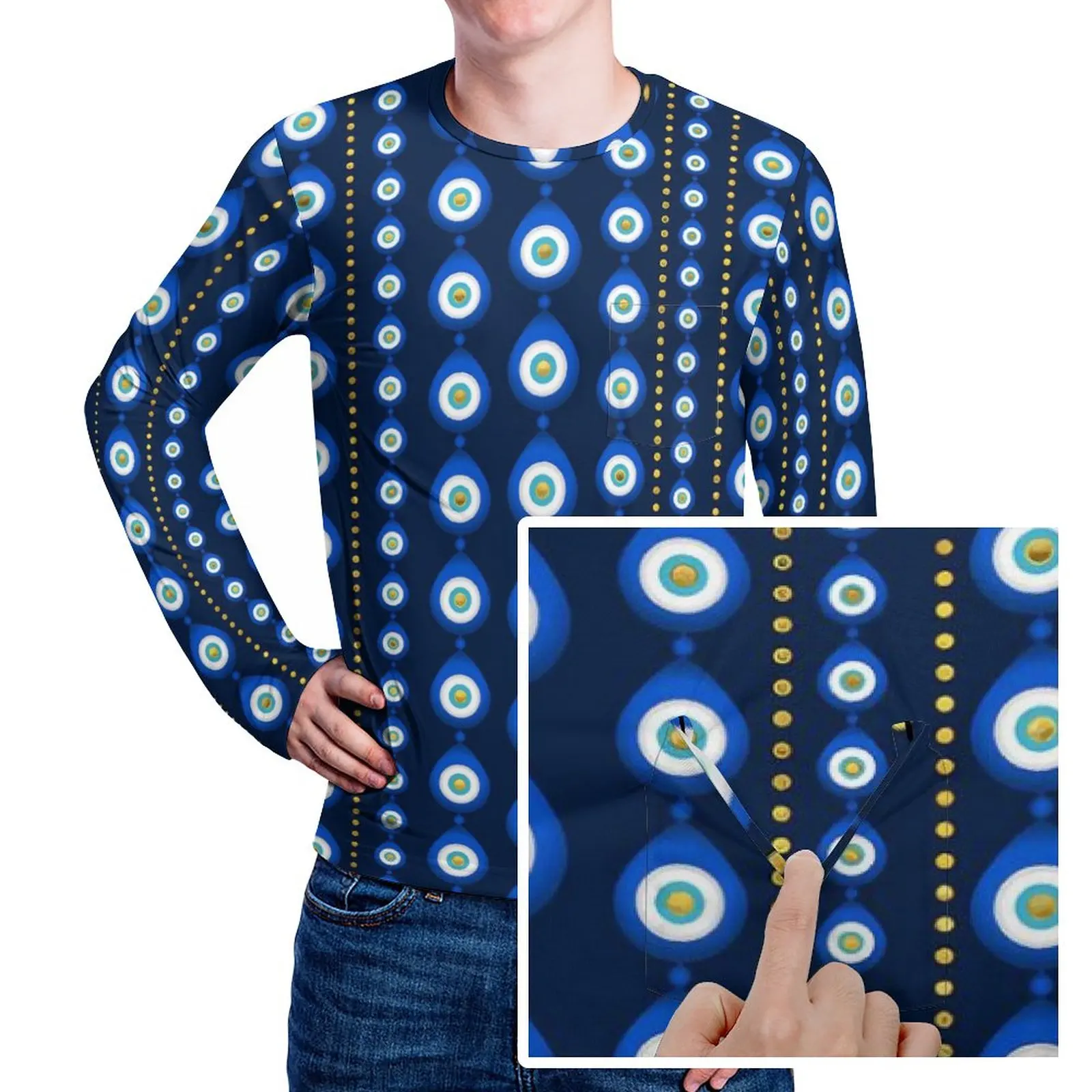 

Evil Eye Print T Shirt Blue And Gold Cool T Shirts With Pocket Long Sleeve Custom Tops Daily Fun Big Size Top Tees