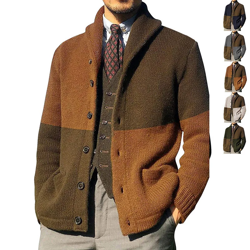 New Men Sweater Cardigan Patchwork Lapel Single-breasted Autumn Winter Long-sleeved Fashion Business Casual Male Coat Plus Size