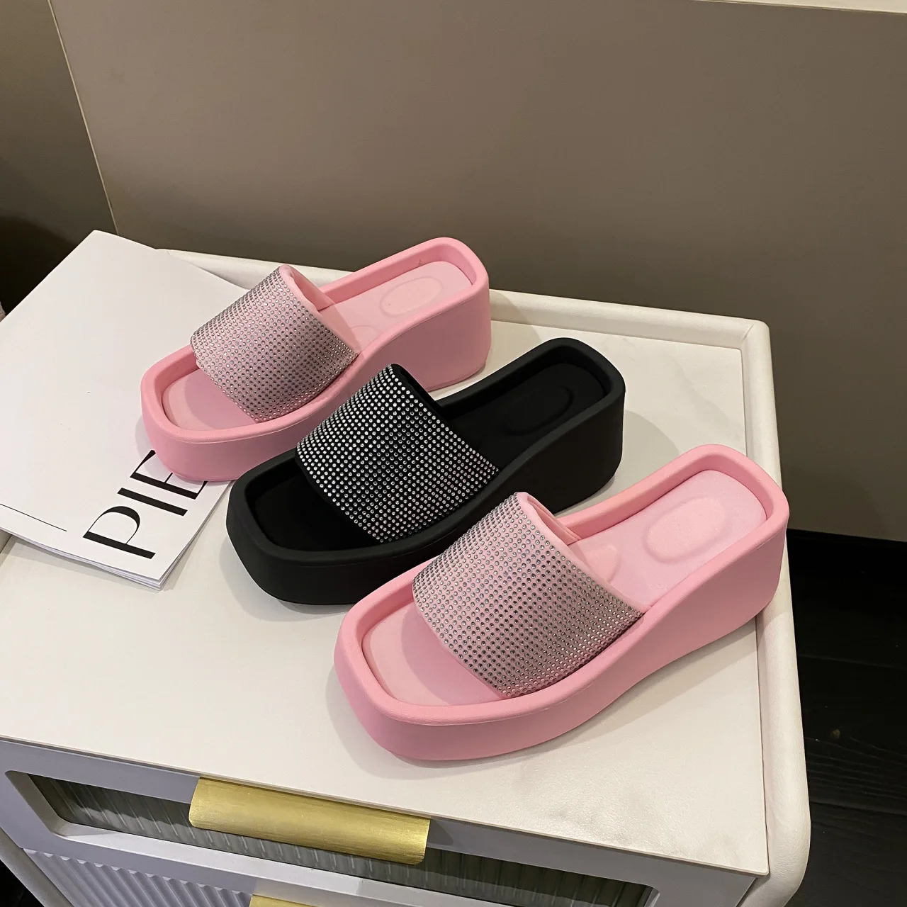 Muffin Bottom Rhinestone Heightening Slippers Women's Summer New Square-toe Open-toe One-word Slippers Thick-soled Shoes Large43