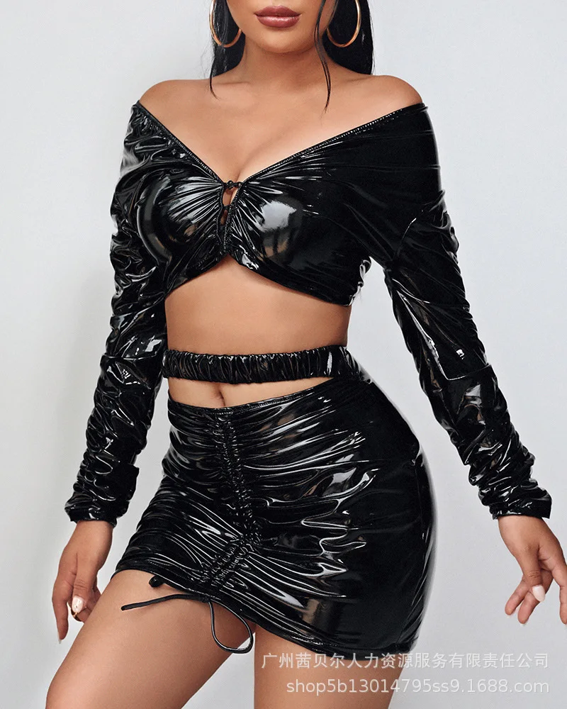 

Deep V-neck Bandage Long Sleeve Leater Two-piece Suit Skirt Streetwear Sexy Nightclub Cut-out Bodycon Dress 2022 Summer New