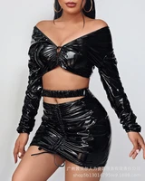 deep v neck bandage long sleeve leater two piece suit skirt streetwear sexy nightclub cut out bodycon dress 2022 summer new