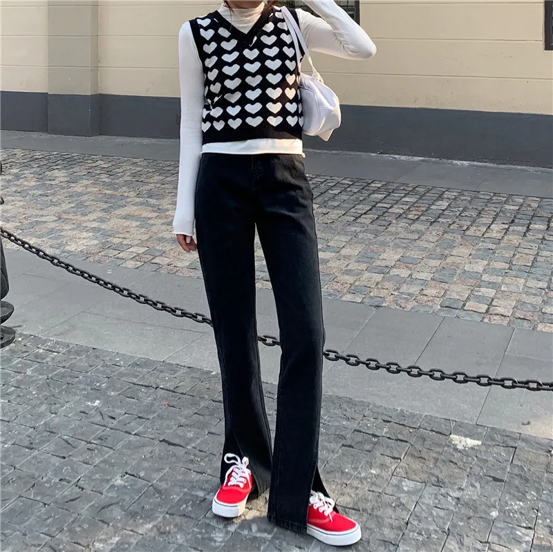 N1950   Slit high waist jeans women's new micro-flare pants straight mopping wide-leg pants jeans