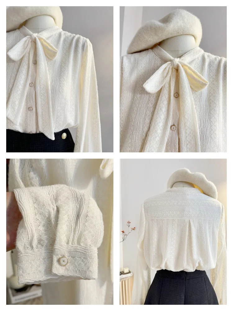 Кружевная рубашка с бантом на шнуровке Рубашки длинными рукавами Женские