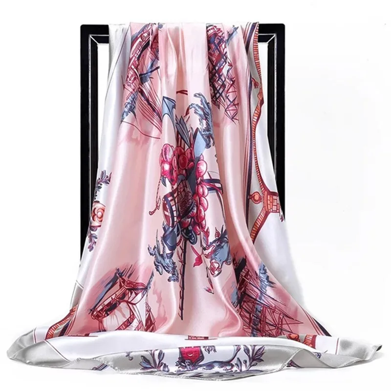 

Квадратный шелковый шарф H217 90*90 см, женский роскошный фирменный цветочный платок, шелковая большая бандана, хиджаб, атласные шелковые шарфы, шаль