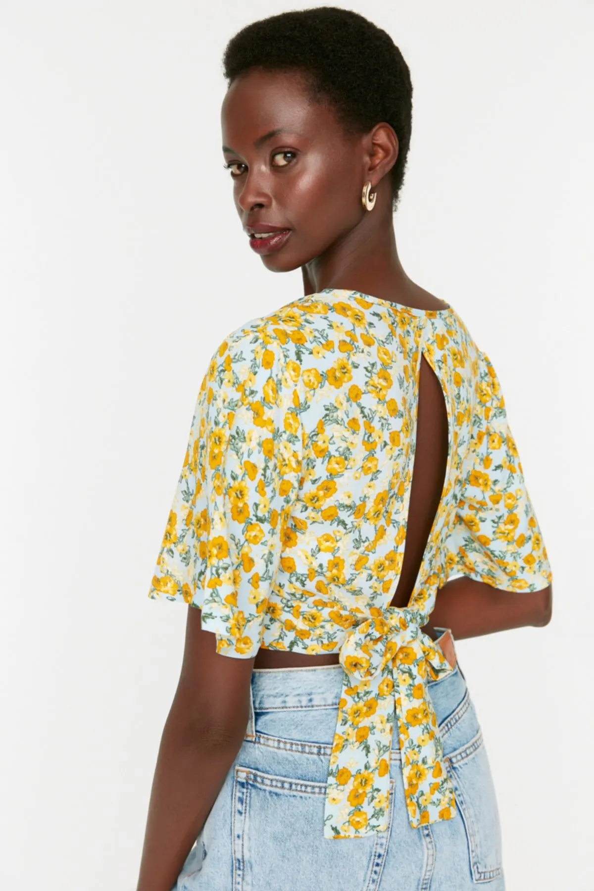 

Женский летний укороченный топ, блузка, синяя двубортная укороченная блузка с галстуком, популярный топ для девушек, Удлиненная рубашка