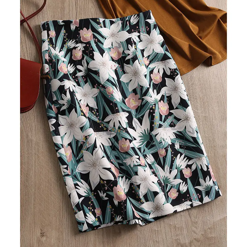 

2022 Women Summer New French Elegant Printed Skirts Female High Waist Package Hip Skirts Ladies Midi Long A-line Skirts O55