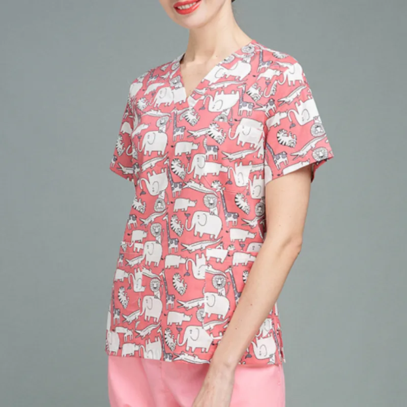 100% Cotton Cartoon Printing Scrubs Tops Pet Grooming Work Uniform Beauty Salon Workwear Health Service Costume Women Lab Wear