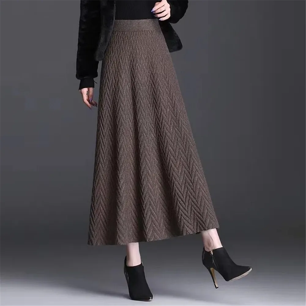 

Women's Empire Knitted Long Skirt Black Ankle-Length Temperament Pure Color A-Line Skirt Autumn Elegant Official Mid-Calf Skirt