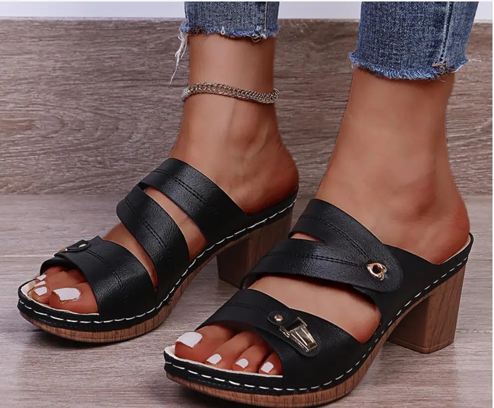 Women's fashion new sandals open toe high-heeled shoes platform anti-heart simple full match leisure summer metal deduction thic