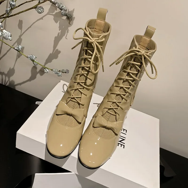 Женские ботинки челси на высоком каблуке 5 см с круглым бантом Размеры 35-39