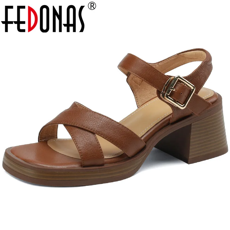 

FEDONAS 2022 Women Sandals New Arrival Genuine Leather Pumps Office Ladies Casual Basic Thick Heels Platforms Shoes Woman Summer